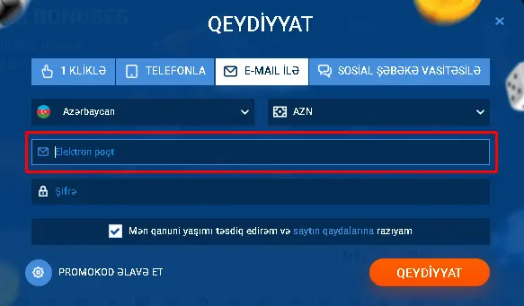 MostBet saytında qeydiyyat forması