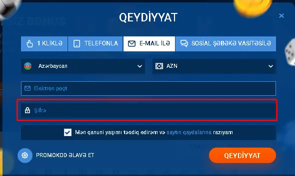 MostBet-də qeydiyyatdan keçərkən parolunuzun daxil edilməsi